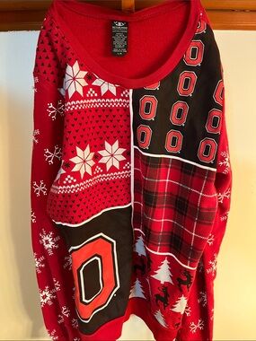 Red Holiday Patchwork Sweater with Snowflake & Plaid Details